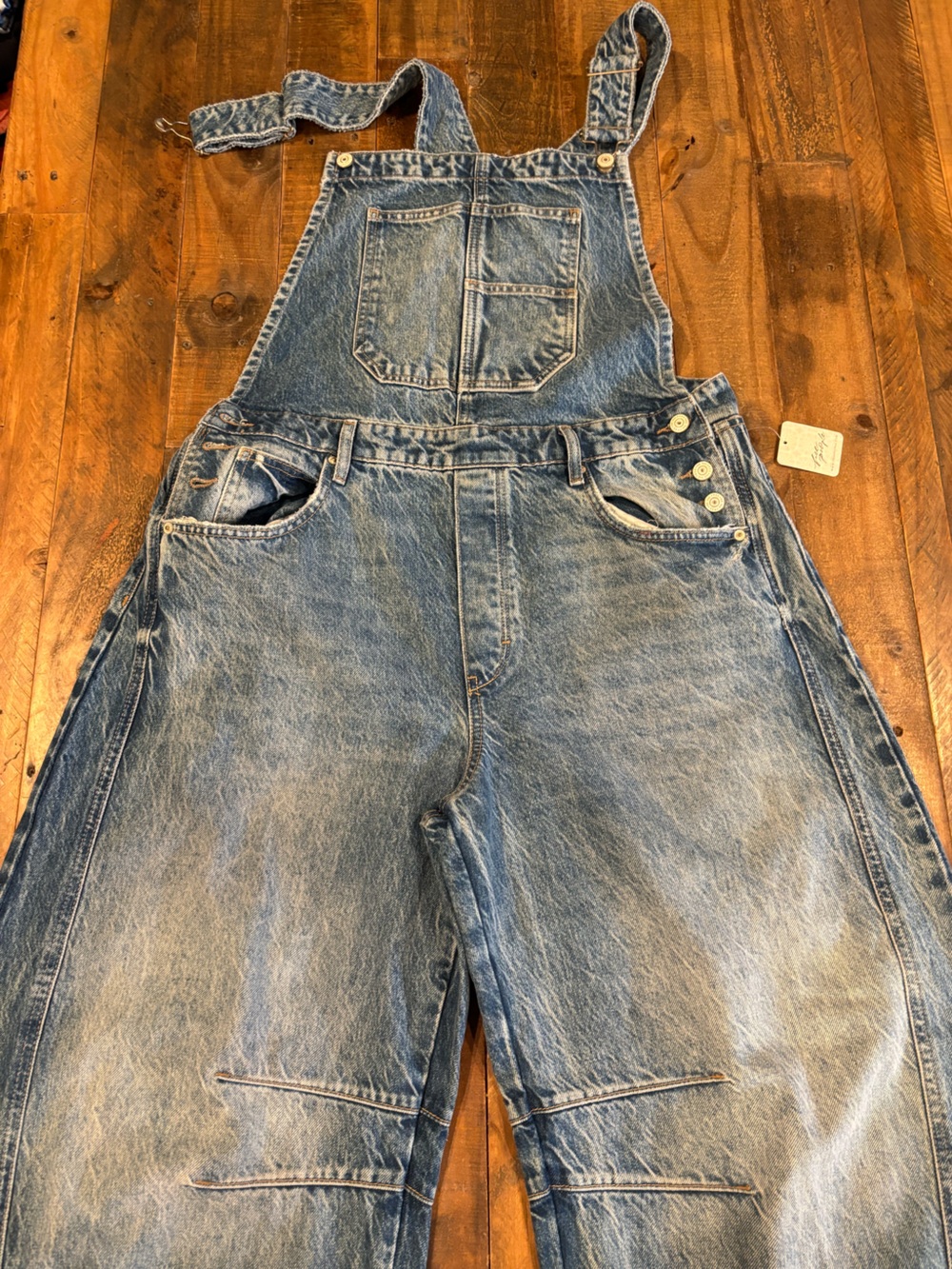 Free People Faded Blue Denim Barrel Overalls
